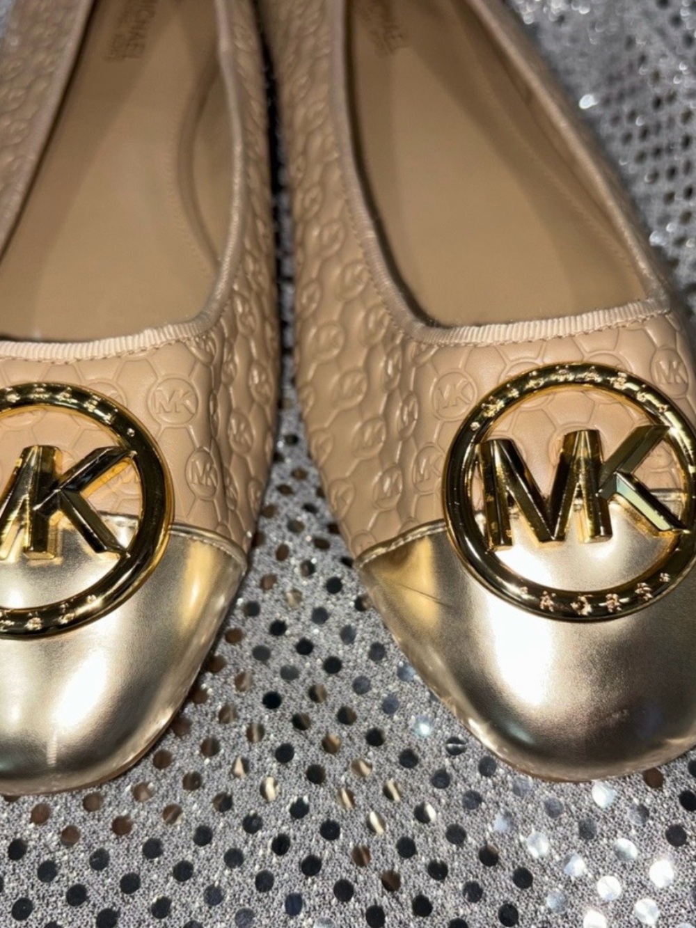 Michael Kors Beige Logo Ballet Flats with Gold Cap Toe - Picture 3 of 10